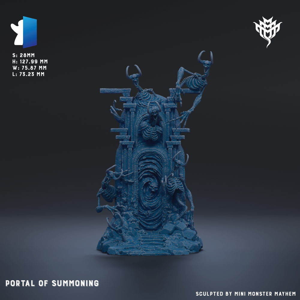 The image is a 3D rendering of a dark blue, skull-like sculpture with a skull-like face and skeletal features, standing on a platform. The sculpture appears to be a portal or gateway to a mysterious or fantastical world.