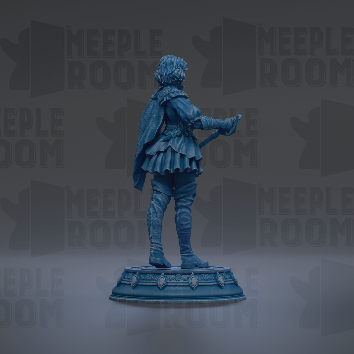 A blue statue of a person standing on a pedestal, with the text "MEUPLE ROOM" repeated in the background.