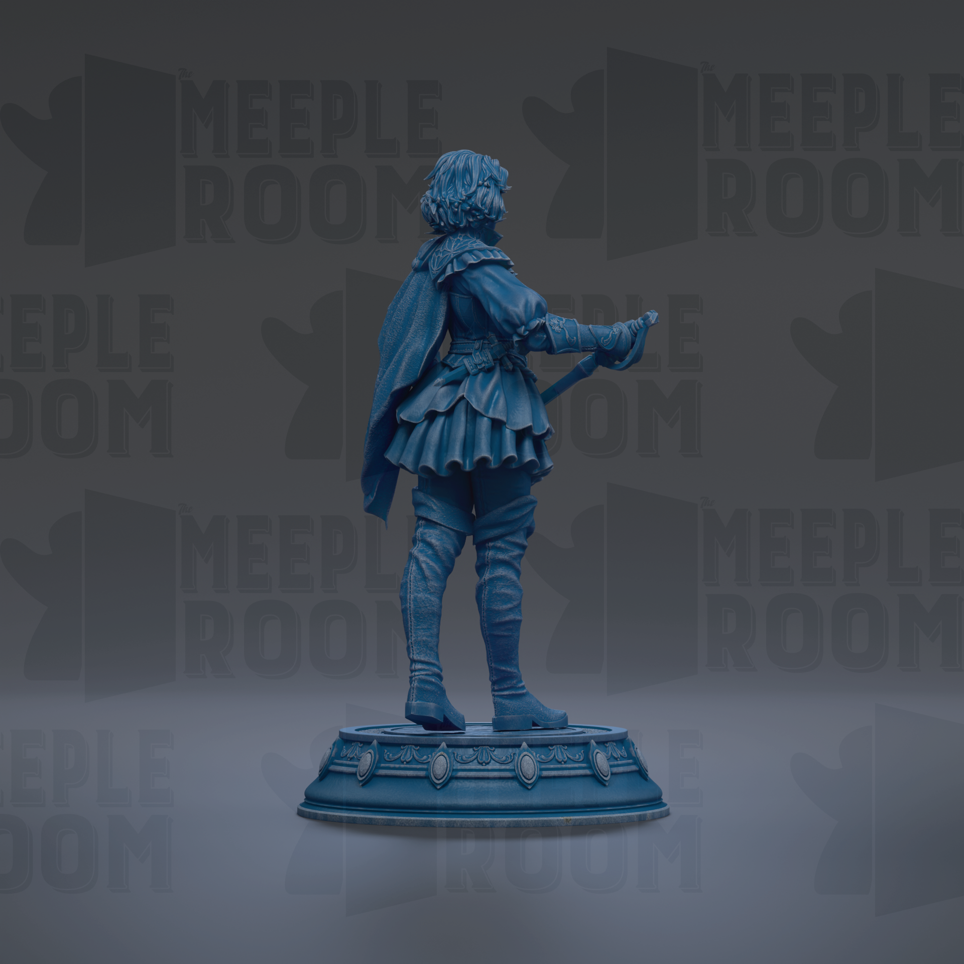A blue statue of a person standing on a pedestal, with the text "MEUPLE ROOM" repeated in the background.
