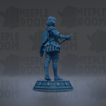 A blue statue of a person standing on a pedestal, with the text "MEUPLE ROOM" repeated in the background.