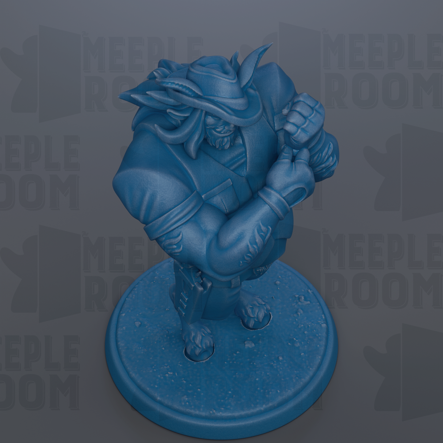 A blue figurine of a character with a large head and a hat, standing on a blue base.