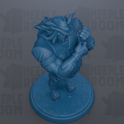 A blue figurine of a character with a large head and a hat, standing on a blue base.