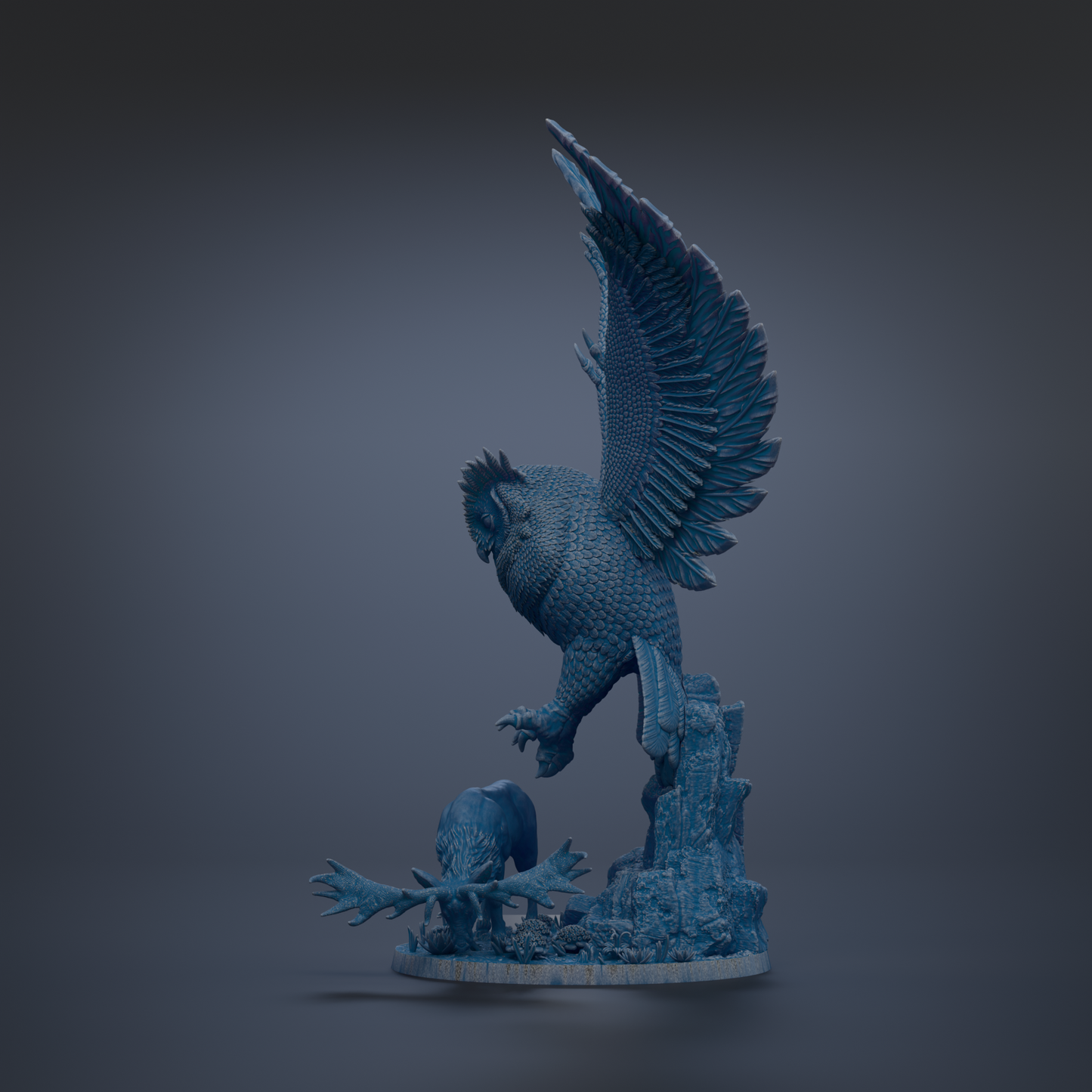 A blue, 3D-rendered statue of a bird, possibly a hawk or eagle, with outstretched wings and sharp talons, standing on a rock formation.