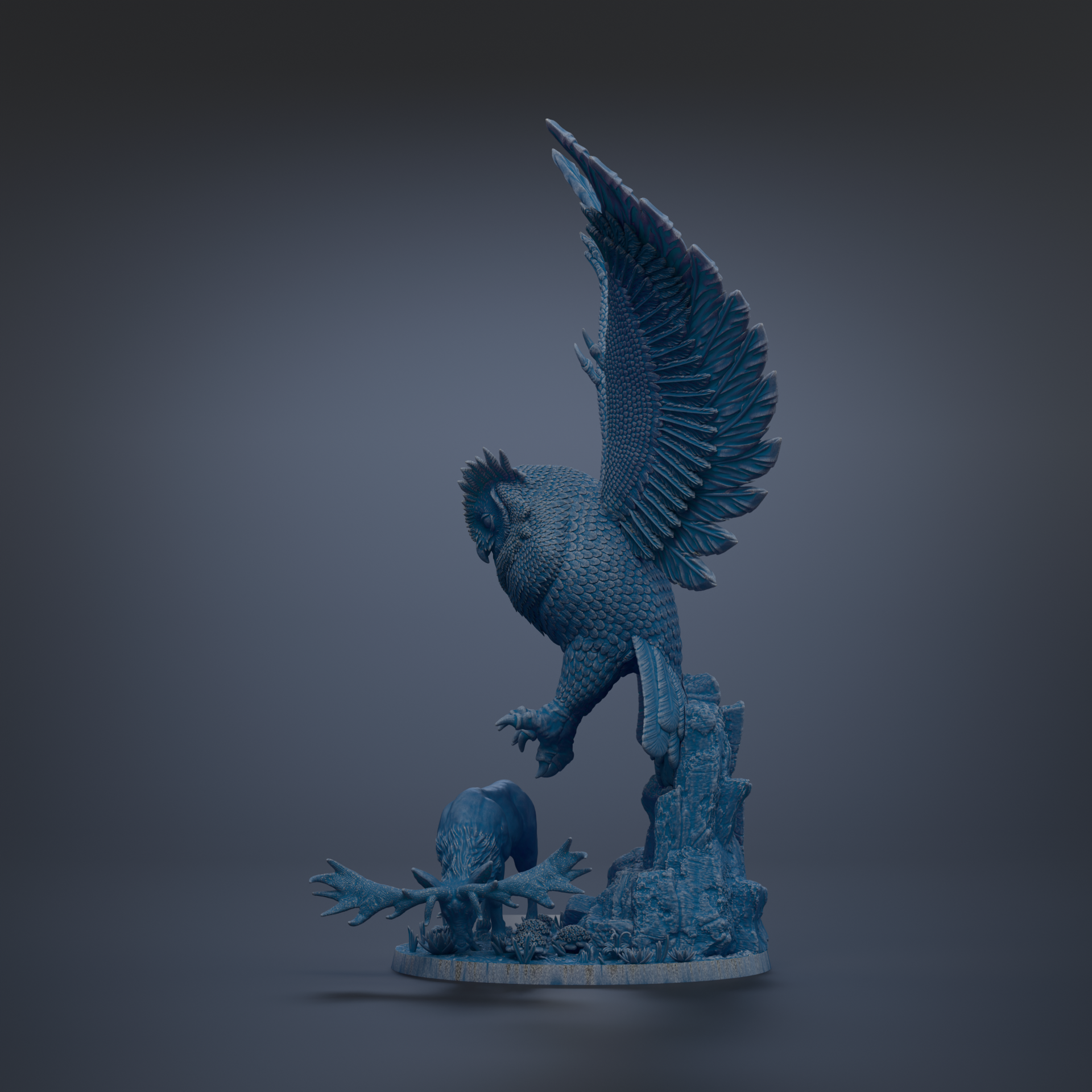 A blue, 3D-rendered statue of a bird, possibly a hawk or eagle, with outstretched wings and sharp talons, standing on a rock formation.