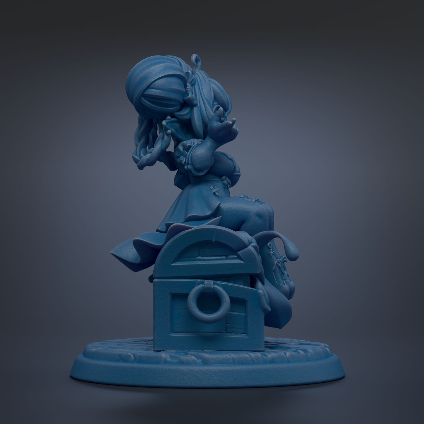 A blue, 3D-rendered statue of a person sitting on a chest with a lock, set against a dark background.