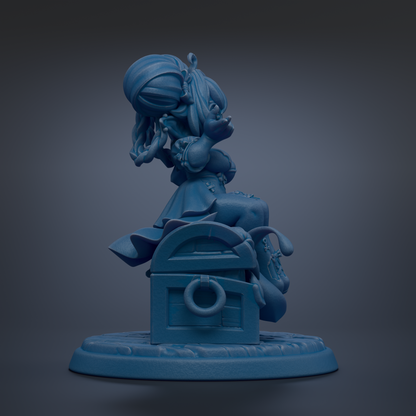 A blue, 3D-rendered statue of a person sitting on a chest with a lock, set against a dark background.