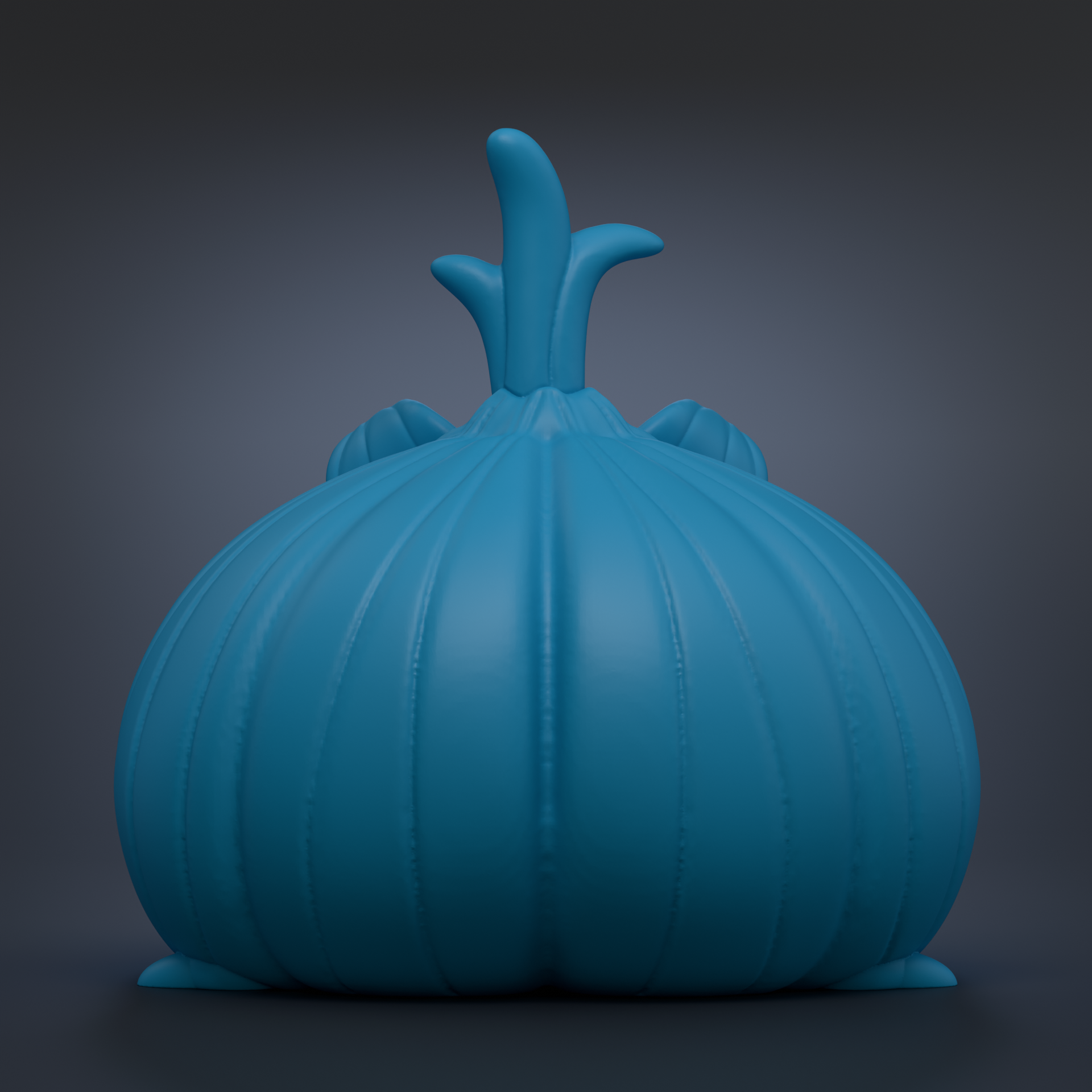 A large, blue, bulb-shaped object with a pointed top, resembling a stylized version of a flower or a similar shape.