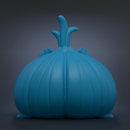 A large, blue, bulb-shaped object with a pointed top, resembling a stylized version of a flower or a similar shape.