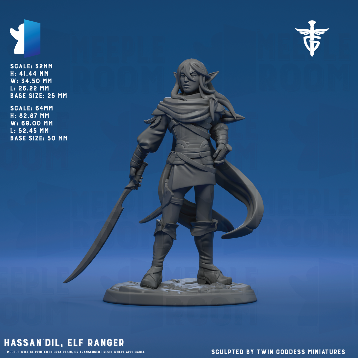 Hassan'dil, Elf Ranger by Twin Goddess Miniatures | Miniature | TTRPG | Unpainted | Print on Demand