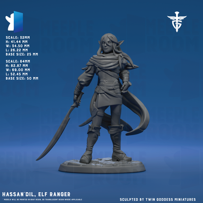 Hassan'dil, Elf Ranger by Twin Goddess Miniatures | Miniature | TTRPG | Unpainted | Print on Demand