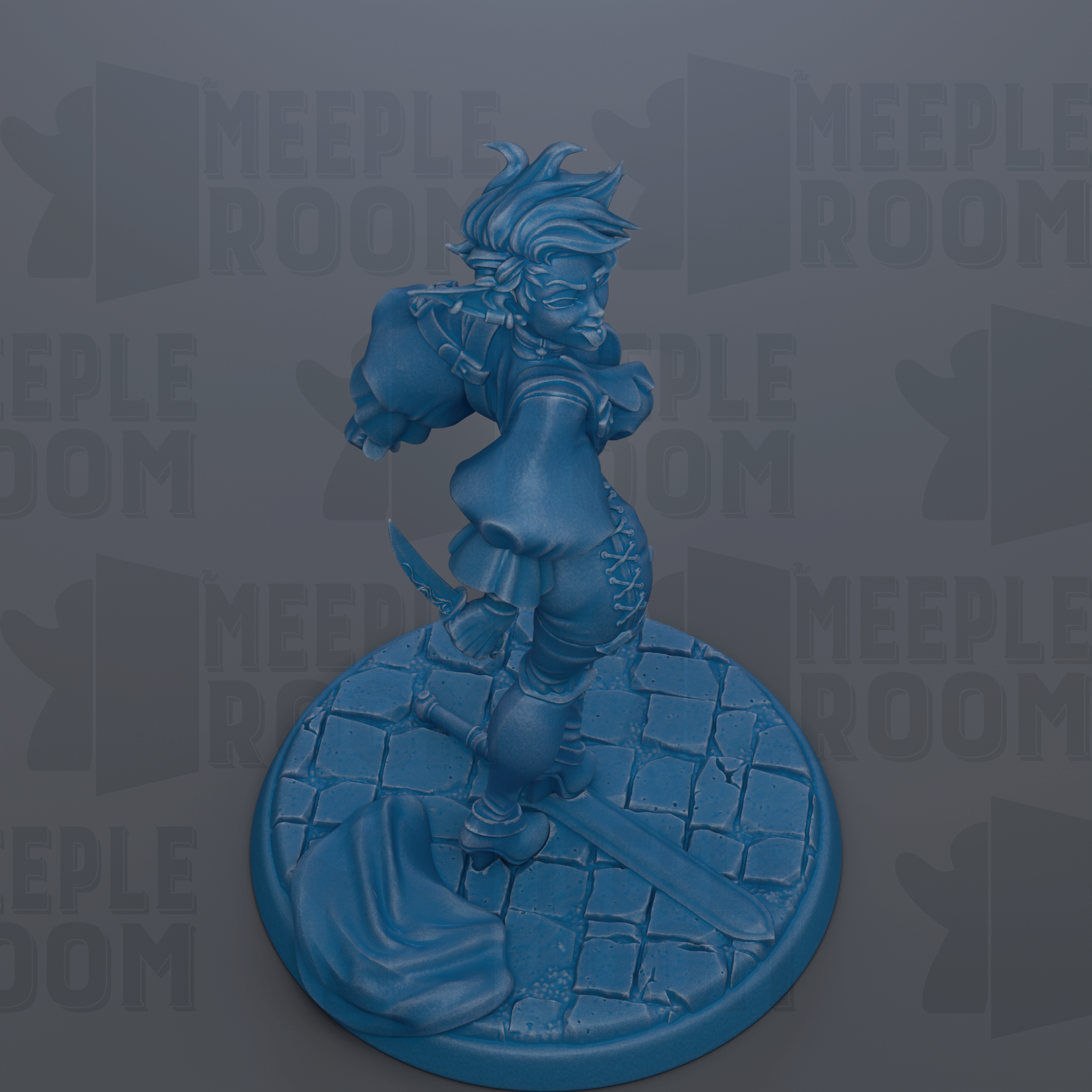 A blue figurine of a person standing on a stone base, with the text "MEIPLLE ROOM" repeated in the background.