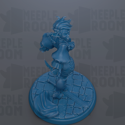 A blue figurine of a person standing on a stone base, with the text "MEIPLLE ROOM" repeated in the background.