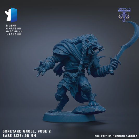 a blue gnoll figurine, a type of fantasy creature, posed in a dynamic fighting stance with a sword in its hand. The gnoll is shown in a crouched position, with its arms outstretched and its head turned to the side. The gnoll is standing on a rock, which adds to the warrior-like appearance of the figure. The gnoll is the main focus of the image, and there are no other objects or text present.
