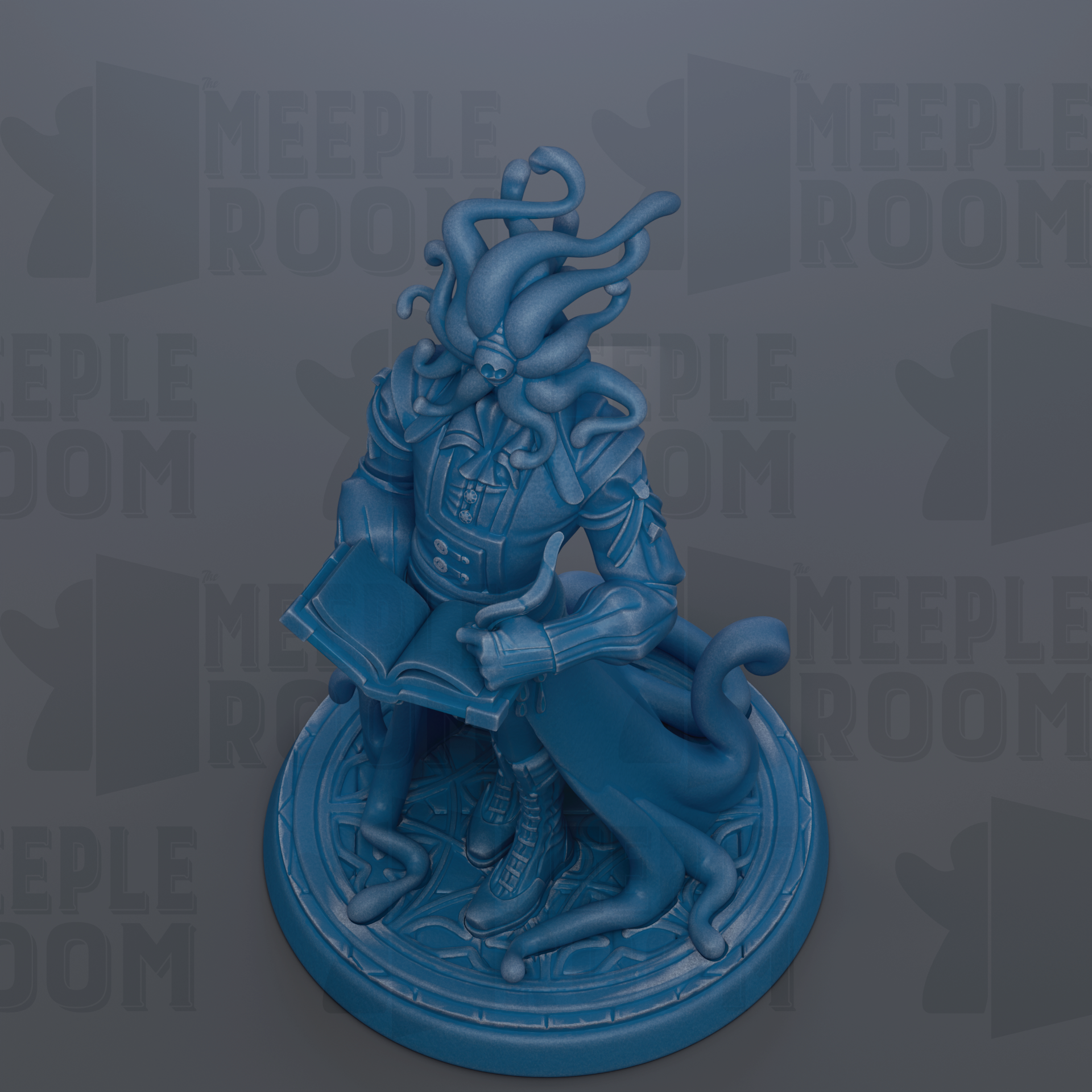 A blue figurine of a fantastical creature with tentacles and a book in its hands, sitting on a circular base.