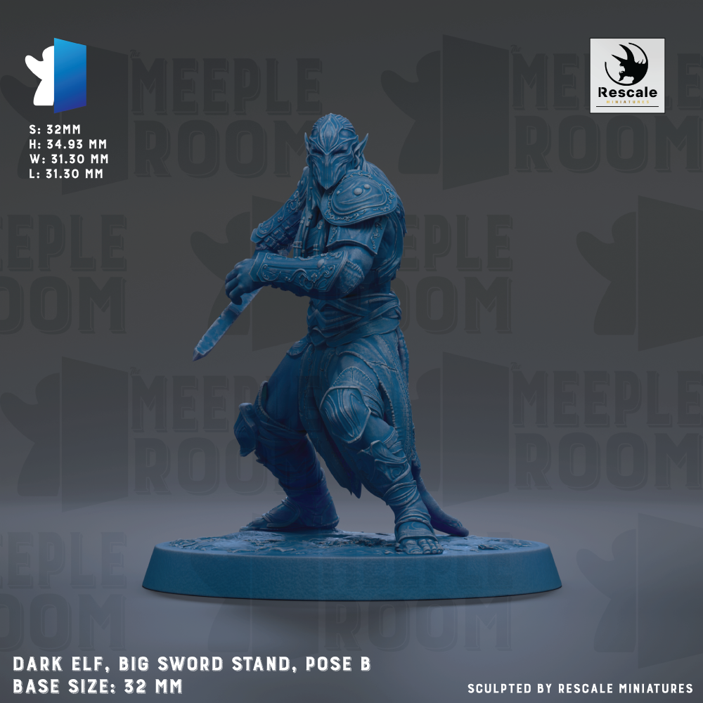 a dark elf figurine, specifically a Big Sword Stand, posed in a fighting stance. The figurine is standing on a blue base and holding a sword in its right hand. The image is described as a "Dark Elf, Big Sword Stand, Pose B" and is labeled as a "Base Size: 32mm". The image is described as a "Sculpted by Rescue Miniatures".