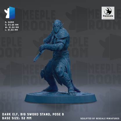 a dark elf figurine, specifically a Big Sword Stand, posed in a fighting stance. The figurine is standing on a blue base and holding a sword in its right hand. The image is described as a "Dark Elf, Big Sword Stand, Pose B" and is labeled as a "Base Size: 32mm". The image is described as a "Sculpted by Rescue Miniatures".