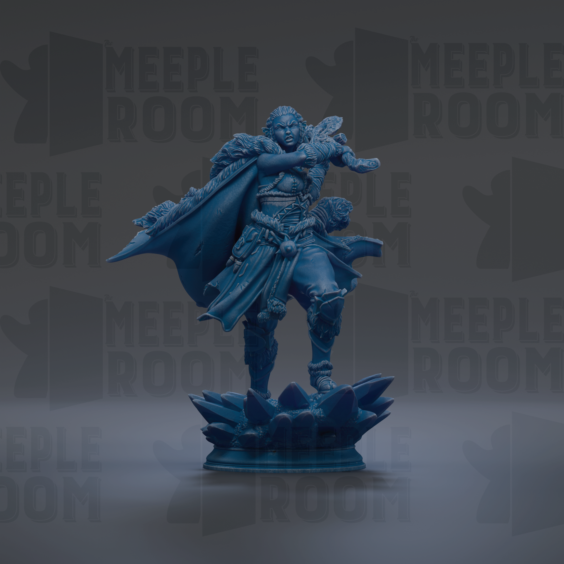 A blue figurine of a person standing on a rock, with a cape billowing behind them, against a dark background with repeated text.