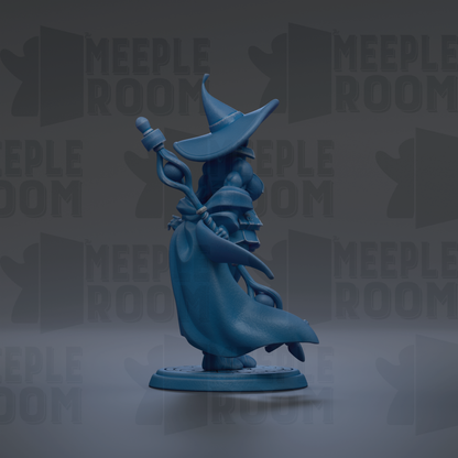 A blue, 3D-rendered fantasy character with a pointed hat and a staff, standing on a platform against a dark background with repeated text.