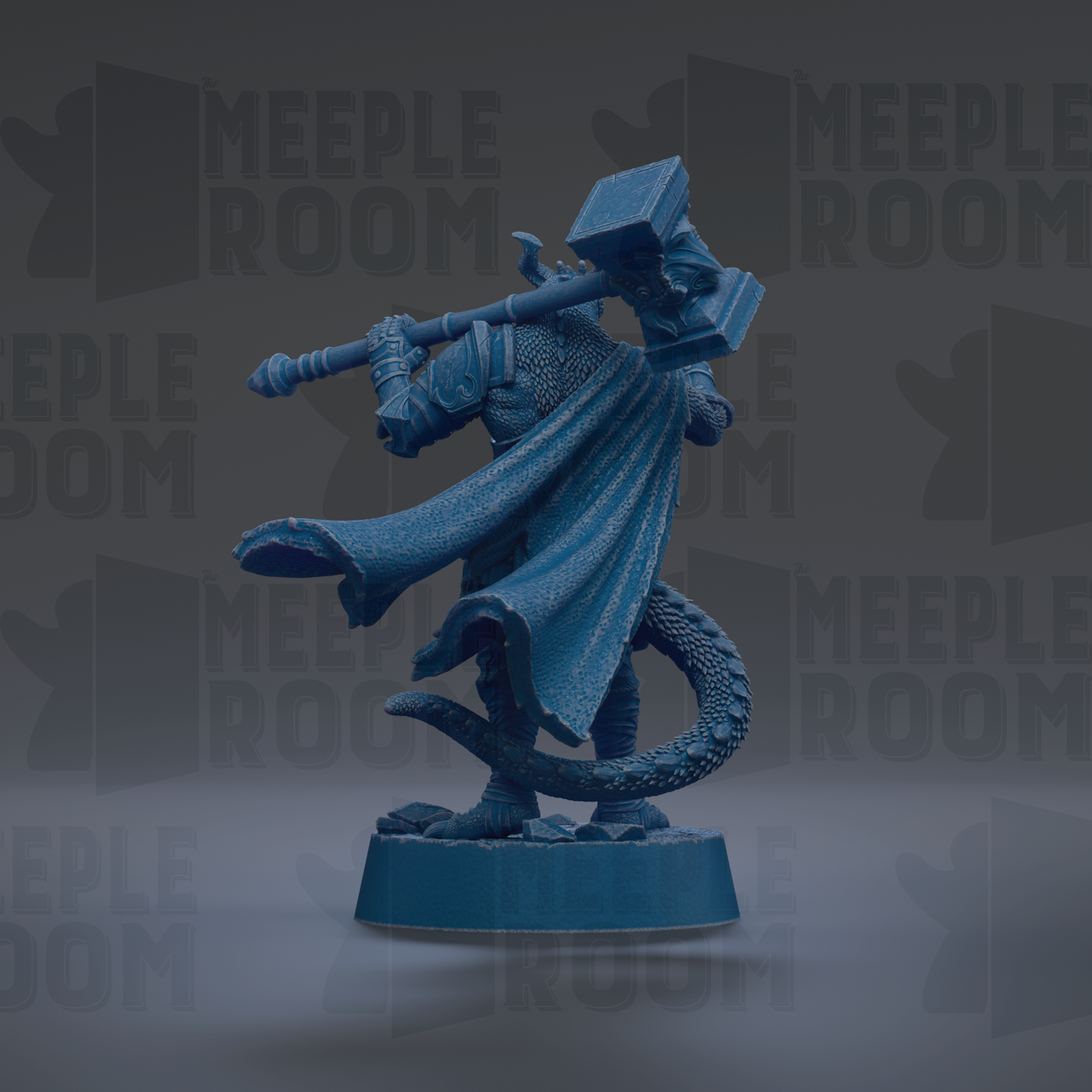 A blue figurine of a dragon-like creature holding a large hammer, standing on a base.