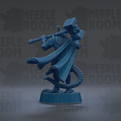 A blue figurine of a dragon-like creature holding a large hammer, standing on a base.