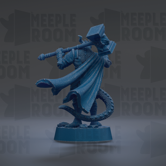 A blue figurine of a dragon-like creature holding a large hammer, standing on a base.