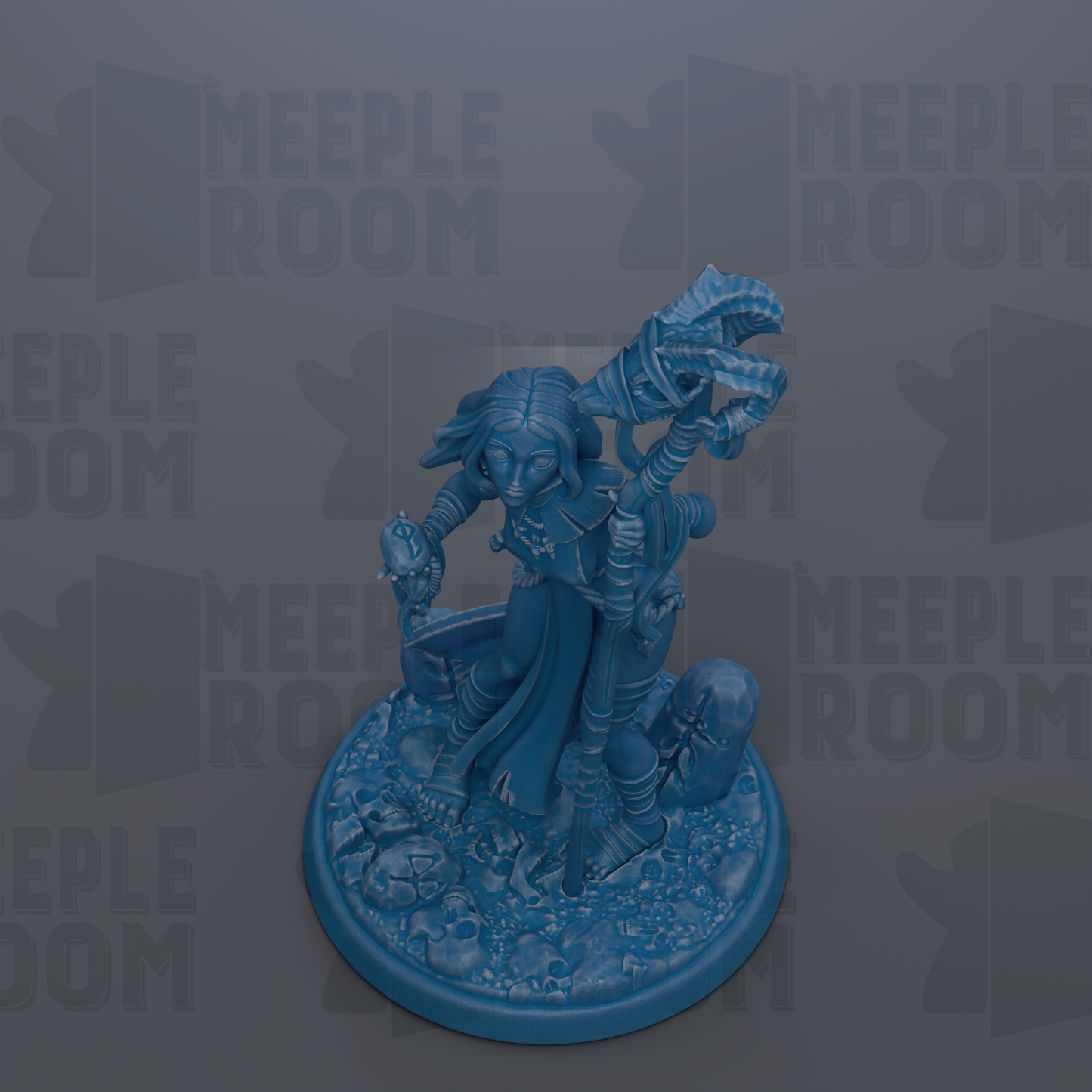 A blue figurine of a character with a sword and shield, standing on a base with a skull and crossbones design.