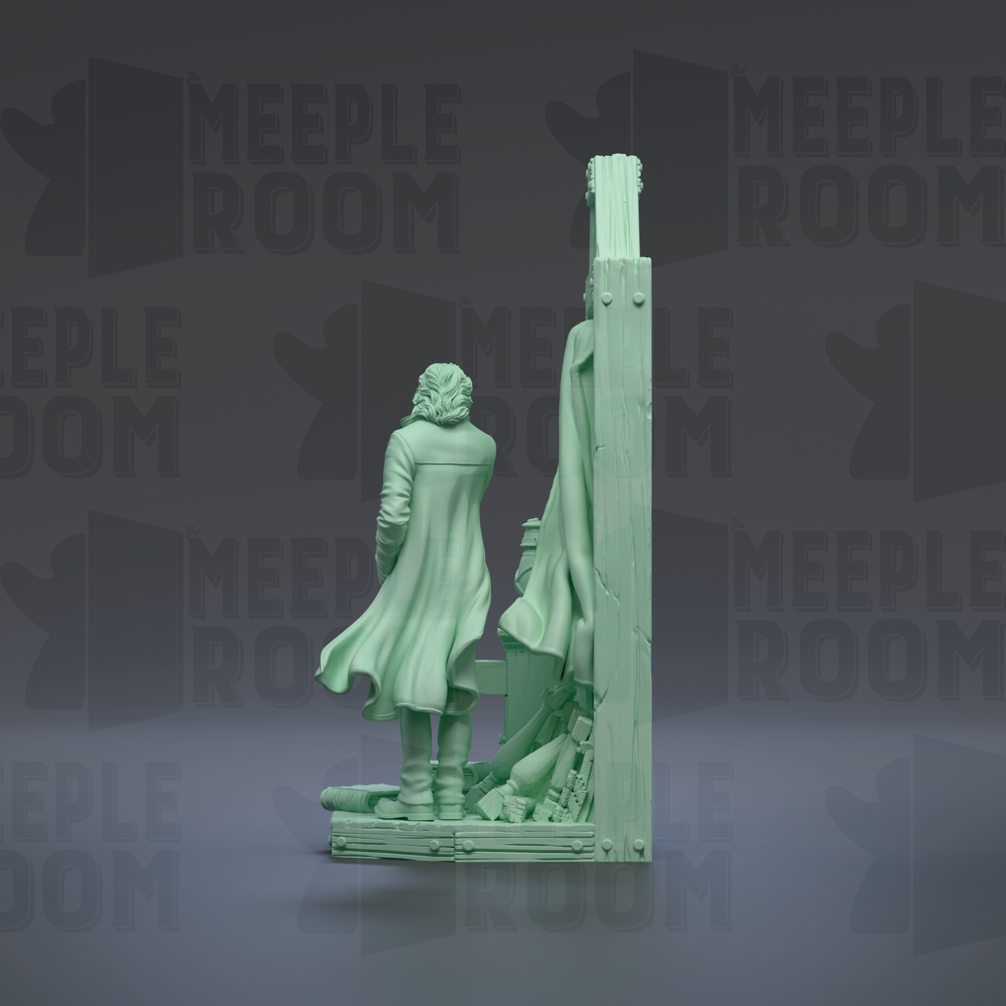 A 3D rendering of a statue of a person standing in front of a large mirror, with the word "MEIPLE ROOM" repeated in the background.