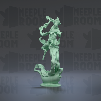 A green statue of a person in a dynamic pose, standing on a pedestal.