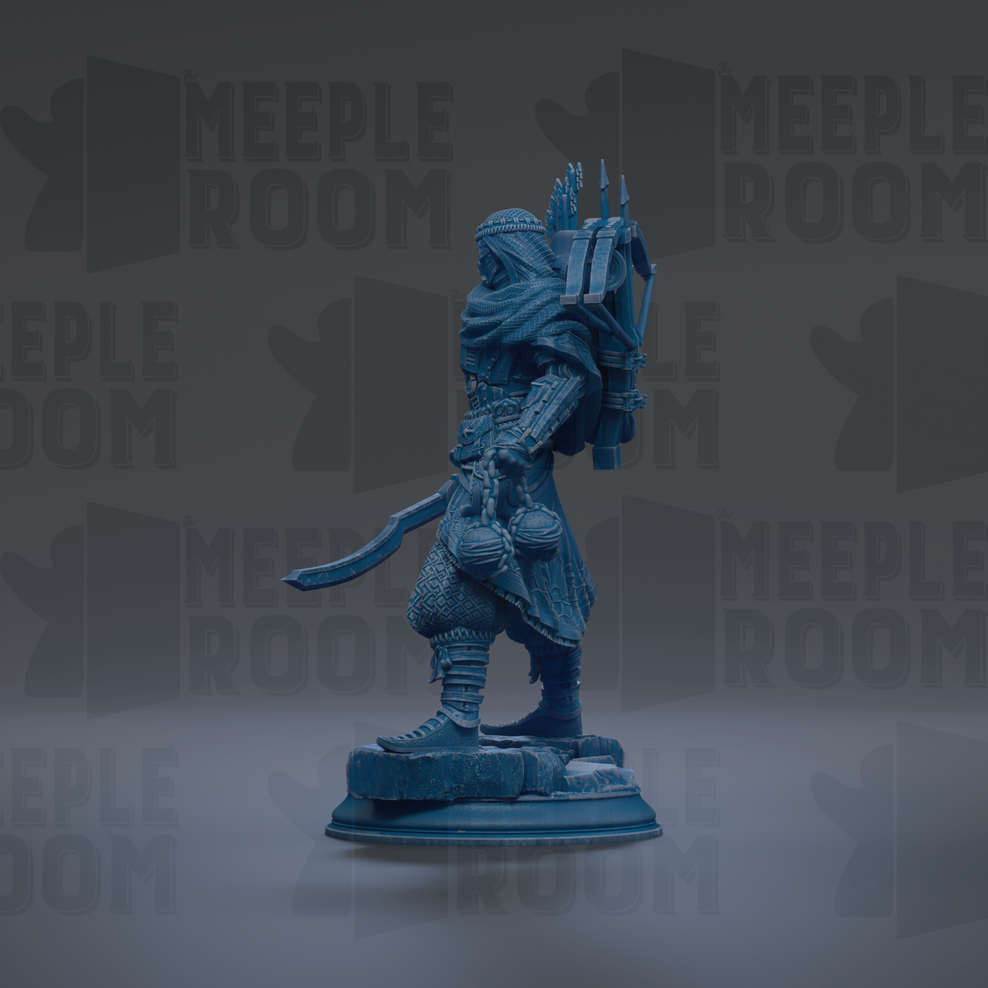 A blue statue of a warrior figure standing on a pedestal against a dark background with repeated text.