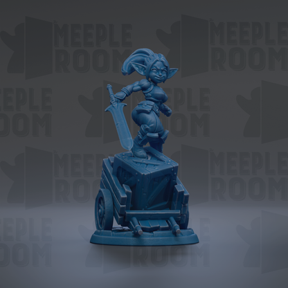 A blue figurine of a female character with a sword stands on a platform against a dark background with repeated text.