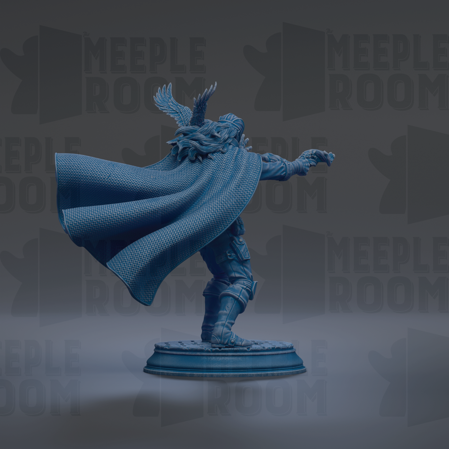 A 3D rendering of a figure wearing a cape and helmet, standing on a pedestal against a dark background with repeated text.