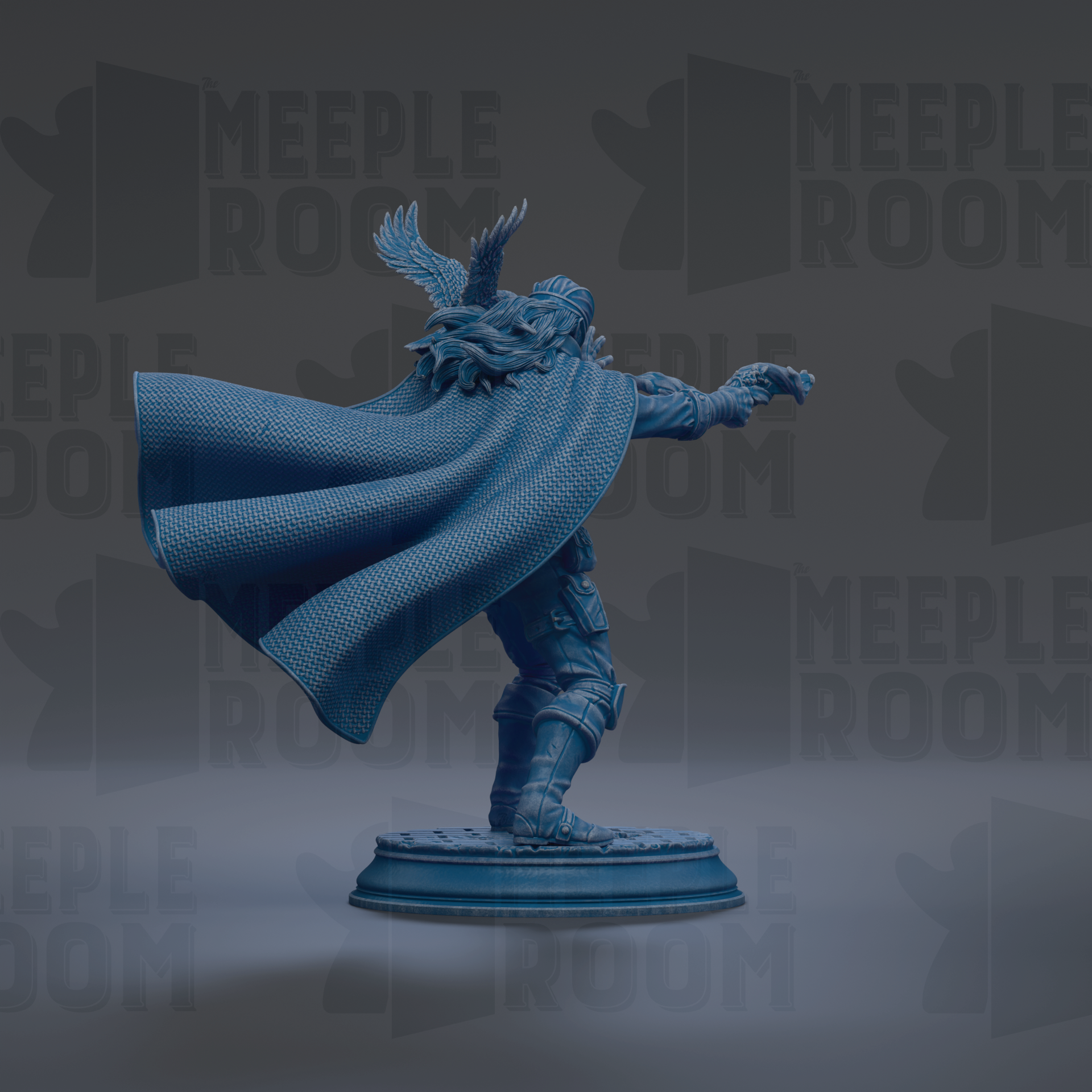 A 3D rendering of a figure wearing a cape and helmet, standing on a pedestal against a dark background with repeated text.