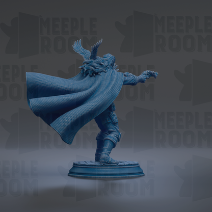 A 3D rendering of a figure wearing a cape and helmet, standing on a pedestal against a dark background with repeated text.