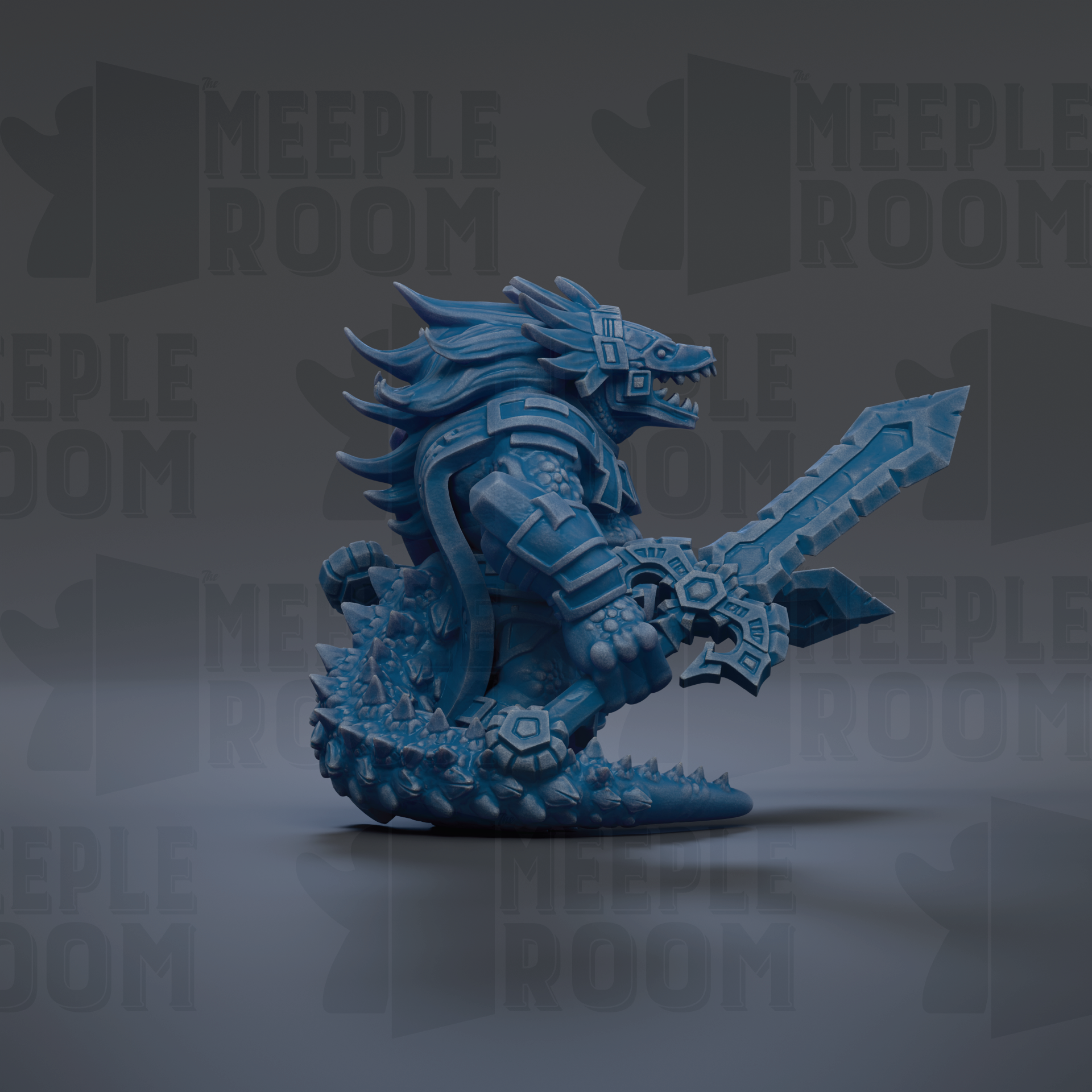 A 3D rendering of a blue dragon-like creature with sharp teeth and claws, holding a large sword in its right hand.