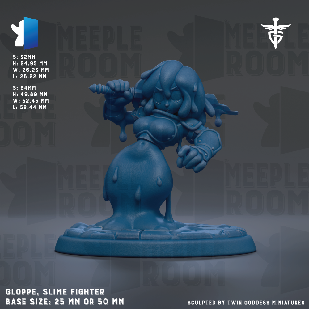 The image is a 3D rendering of a blue, slim figurine of a character called Glope, who is a Slime Fighter. The figurine is standing on a base that is either 25mm or 50mm in size. The image is a collage of multiple images, and it is not a description of each individual image. The phrase "The image depicts" or "The image displays" is not included in the description.