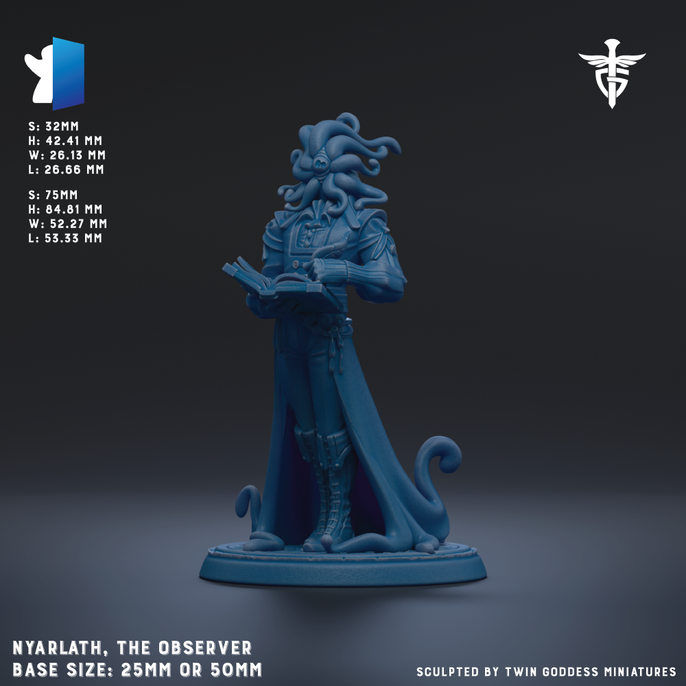 a figurine of a character named Nyarlath, the Observer, with a detailed and intricate design. The figurine is described as a base size of 25mm or 50mm, and it is sculpted by Twin Goddess Miniatures. The image is a 3D rendering of the figurine, showcasing its intricate details and craftsmanship.