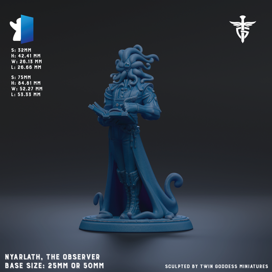 a figurine of a character named Nyarlath, the Observer, with a detailed and intricate design. The figurine is described as a base size of 25mm or 50mm, and it is sculpted by Twin Goddess Miniatures. The image is a 3D rendering of the figurine, showcasing its intricate details and craftsmanship.
