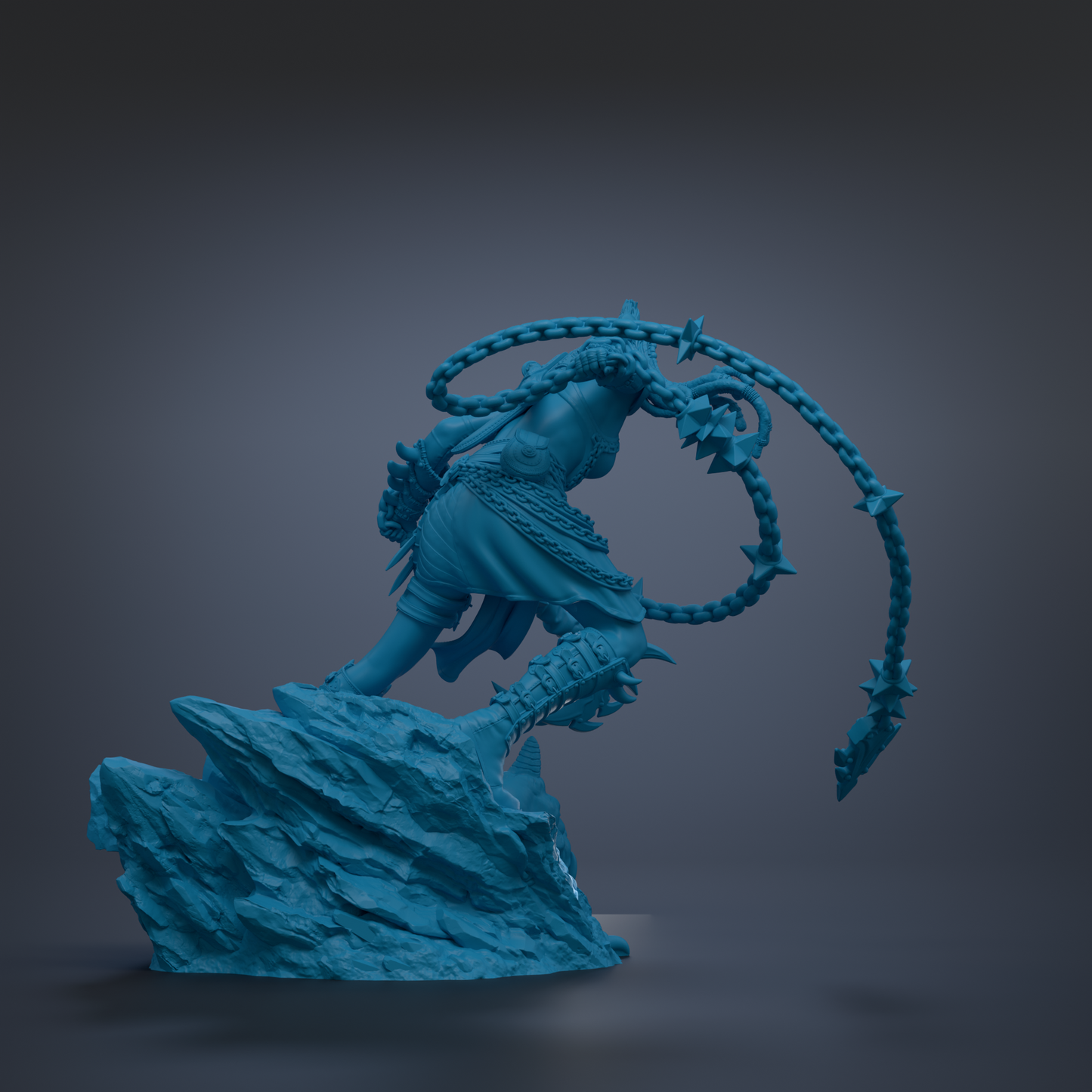 A 3D rendering of a blue-colored statue depicting a figure with a chain-like accessory, standing on a rocky surface.