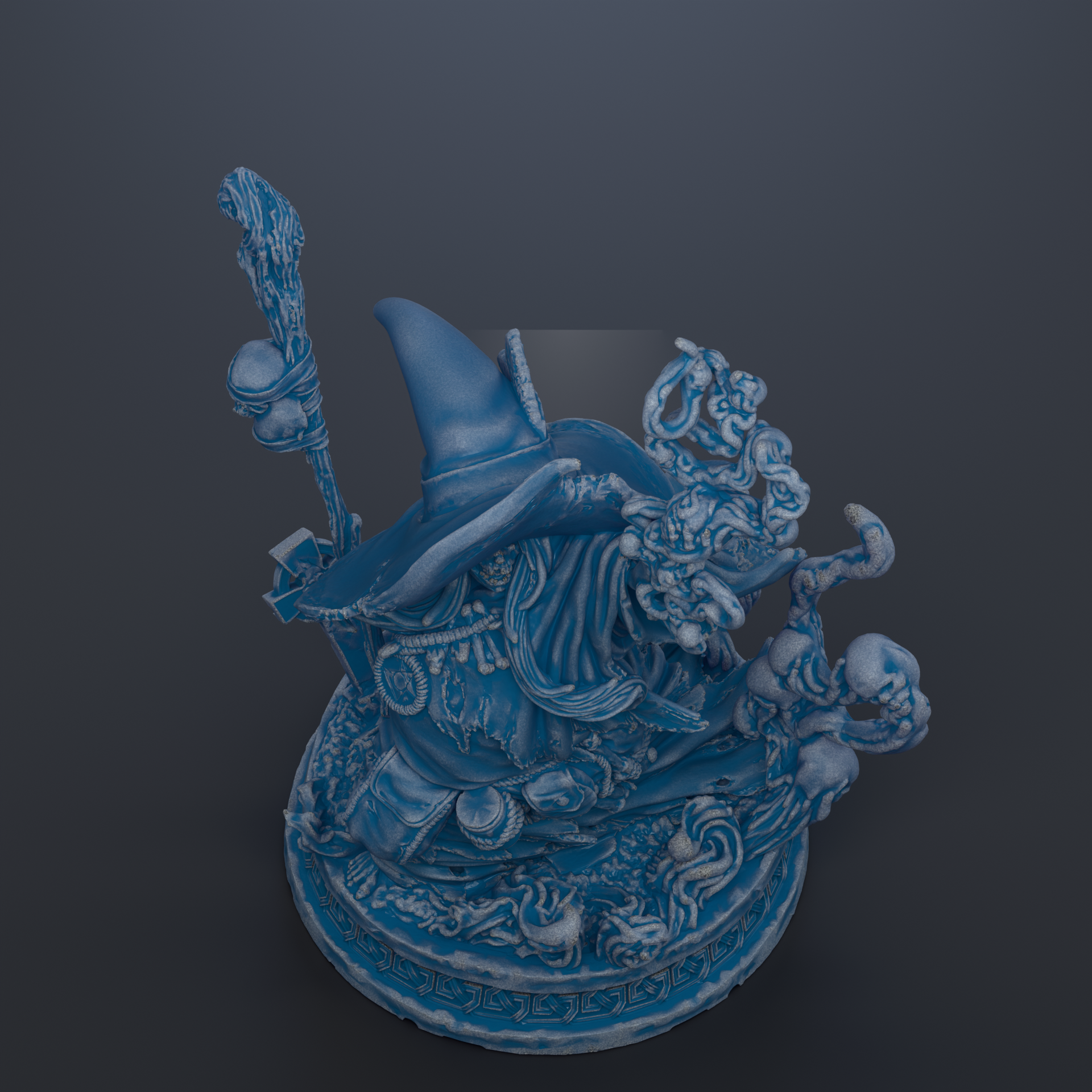 A detailed 3D rendering of a blue, fantastical creature with a pointed hat and various other ornate elements, set against a dark background.