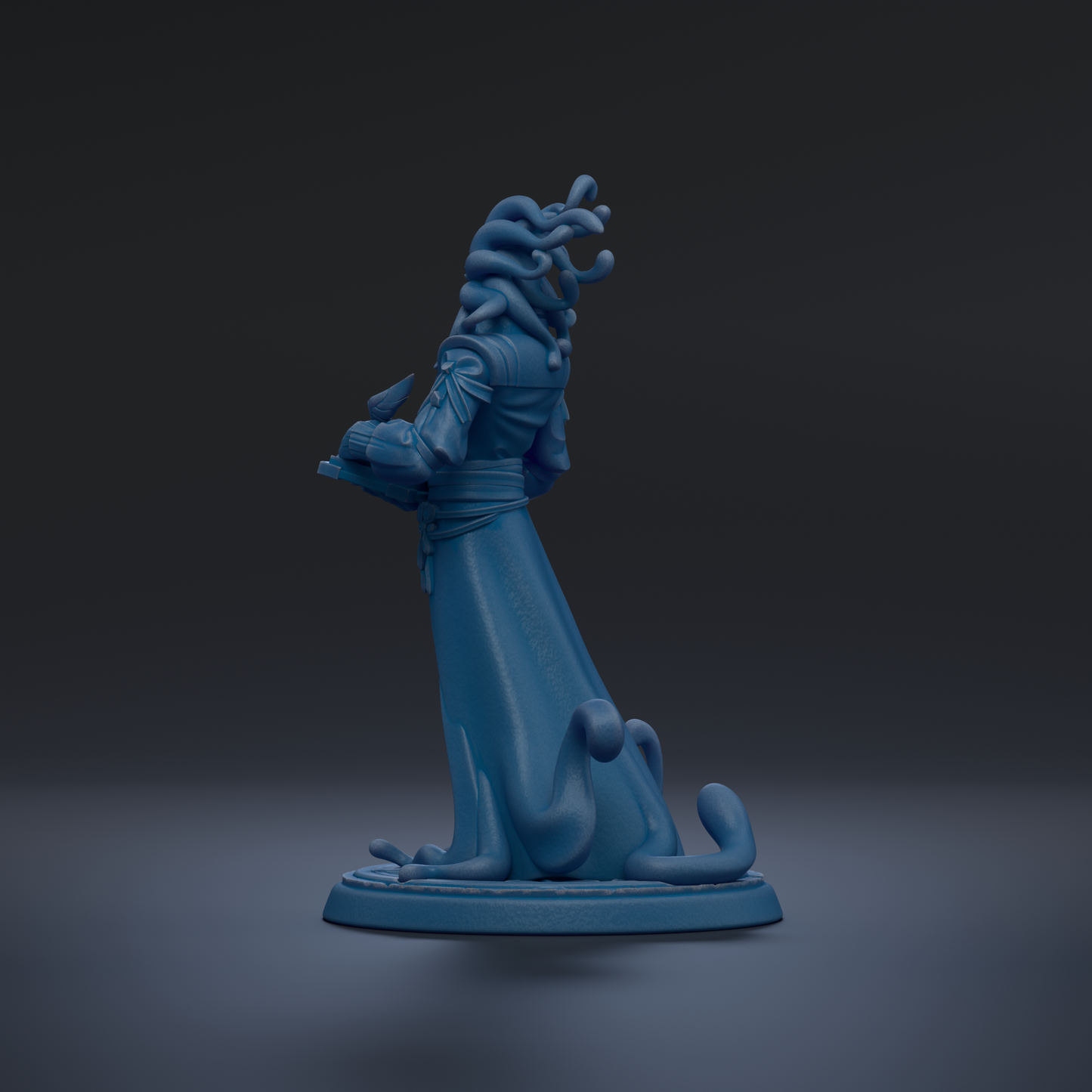 A blue figurine of a fantastical creature with an intricate, twisted body and flowing, draped clothing stands on a base against a dark background.