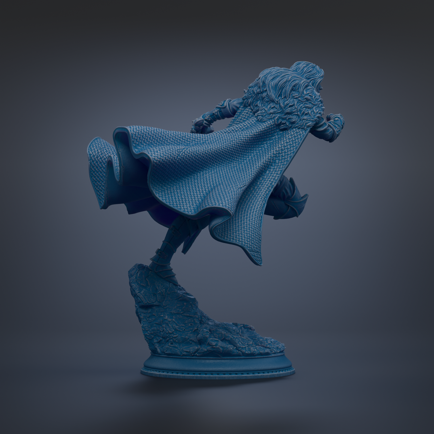 A 3D rendering of a statue of a person wearing a cape, standing on a pedestal.