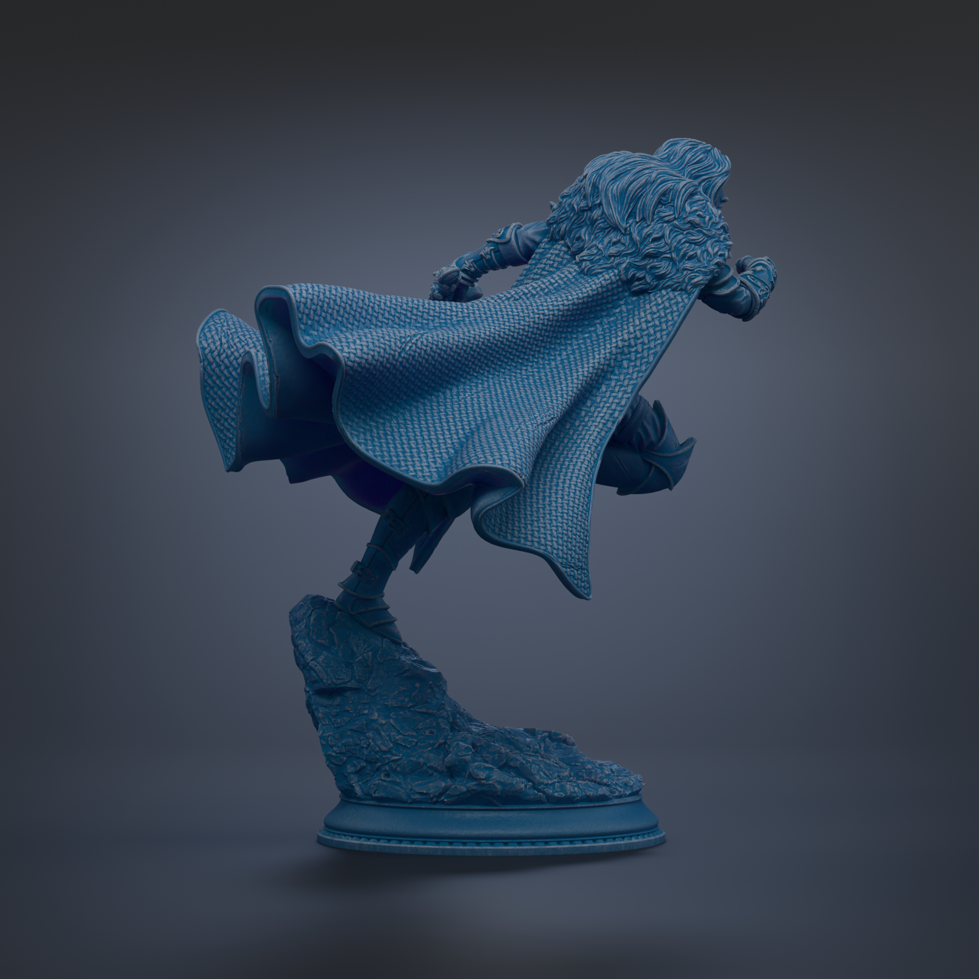 A 3D rendering of a statue of a person wearing a cape, standing on a pedestal.