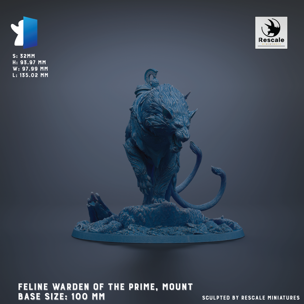 a figurine of a cat-like creature, possibly a feline guardian of the prime, mounted on a base of 100 mm. The figurine is shown in a dynamic pose, with its head turned to the side. The background is a dark blue color, which contrasts with the figurine and makes it stand out. The image does not contain any text, and the figurine is the main focus.