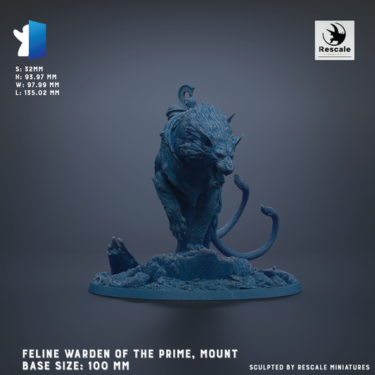 a figurine of a cat-like creature, possibly a feline guardian of the prime, mounted on a base of 100 mm. The figurine is shown in a dynamic pose, with its head turned to the side. The background is a dark blue color, which contrasts with the figurine and makes it stand out. The image does not contain any text, and the figurine is the main focus.