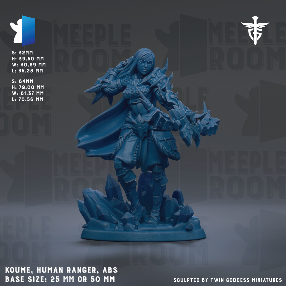 The image is a detailed 3D model of a human ranger character, specifically the "Koume, Human Ranger" model. The character is shown in a dynamic pose, with a sword in hand and a cape billowing behind them. The base size of the model is either 25mm or 50mm, depending on the perspective. The image is a sculpted piece, and it is created by Twin Goddesses miniatures.