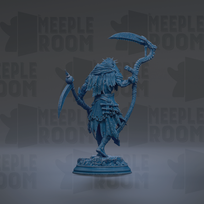 A blue figurine of a warrior-like character with a scythe and a spear, standing on a pedestal against a dark background with repeated text.