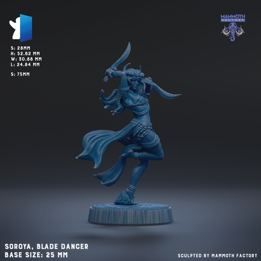 The image is a 3D model of a blue-colored female character, likely a blade dancer, with a sword in her hand. The character is standing on a base and appears to be in motion. The image is described as a "SOROYA, BLADE DANCER" and is shown in a 3D rendering. The base size of the figure is 25mm. The image is described as being "SCULPTED BY MAMMOTH FACTORY".