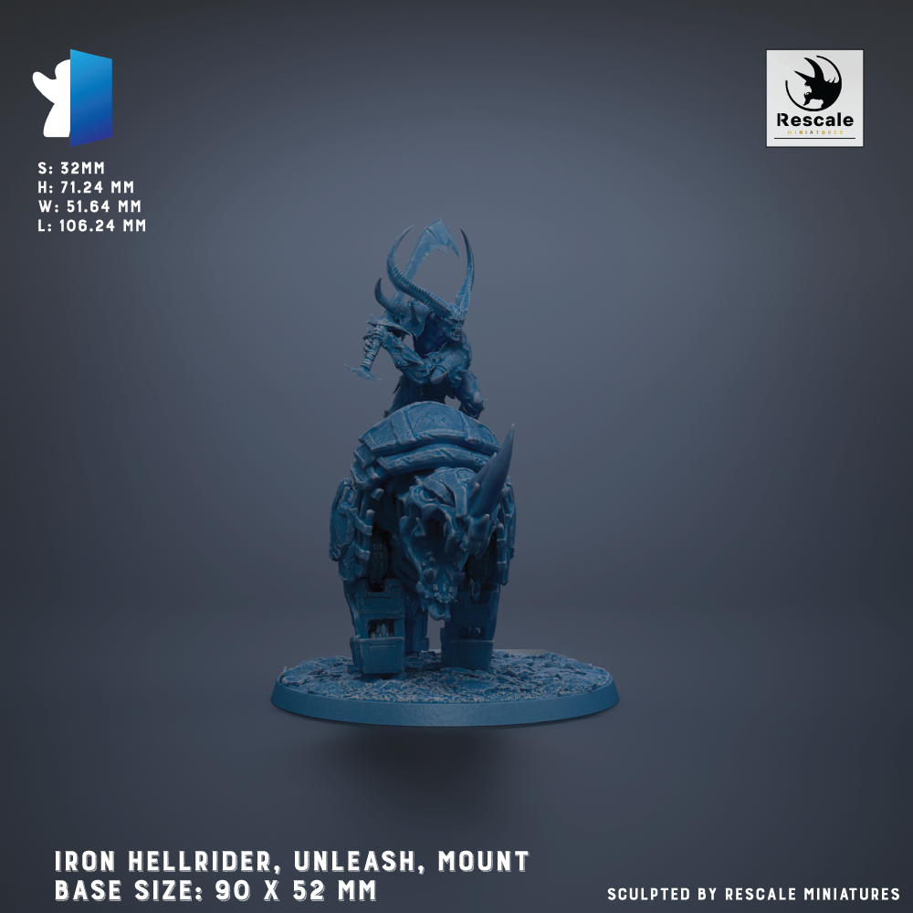 a 3D model of an Iron Hellrider, a fantasy creature with a large head and long horns, mounted on a base. The base sizes are 90 x 52 mm, and the image is described as being sculpted by Rescale miniatures.