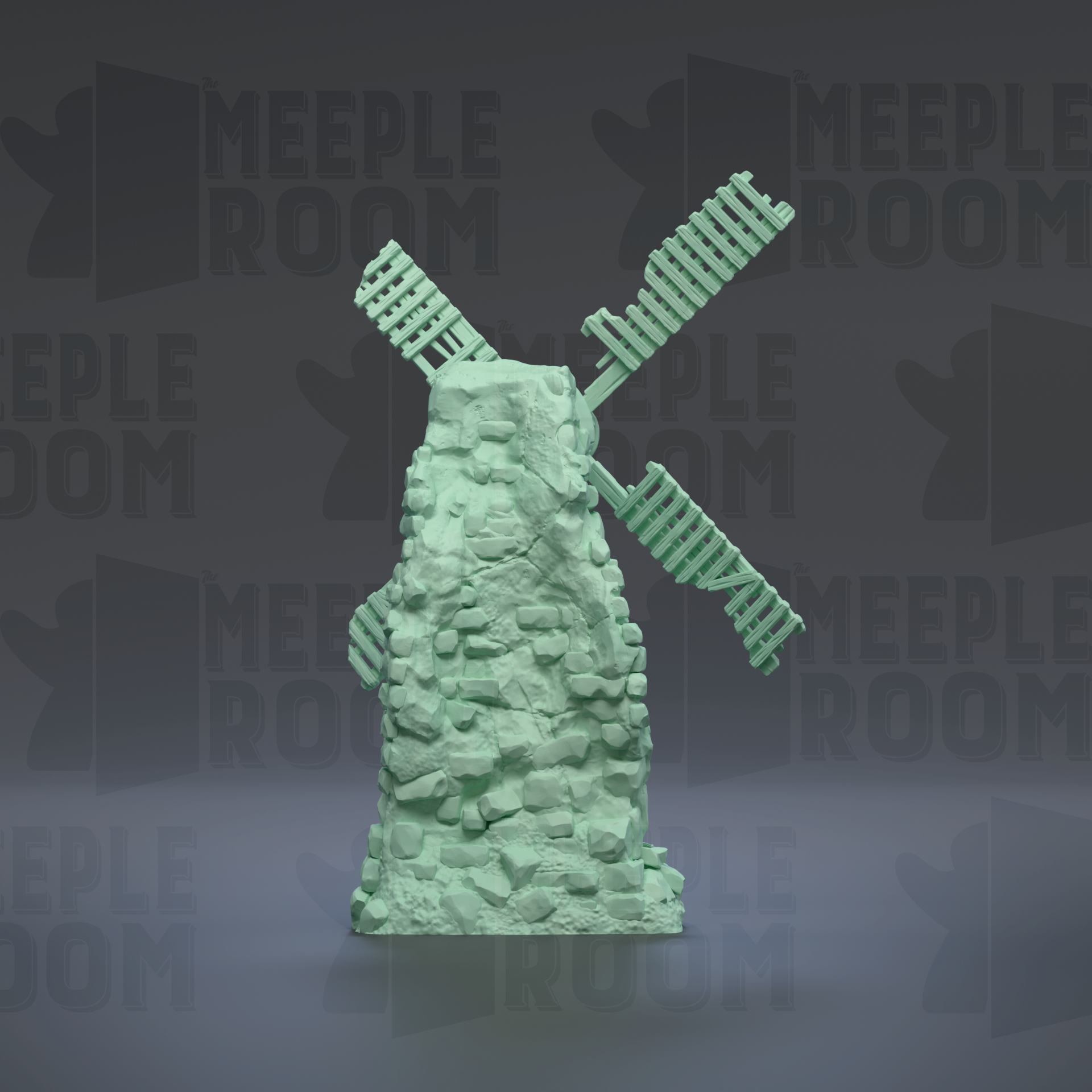 A green, 3D-rendered windmill sculpture stands against a dark background with the text "MEUPLE ROOM" repeated multiple times.