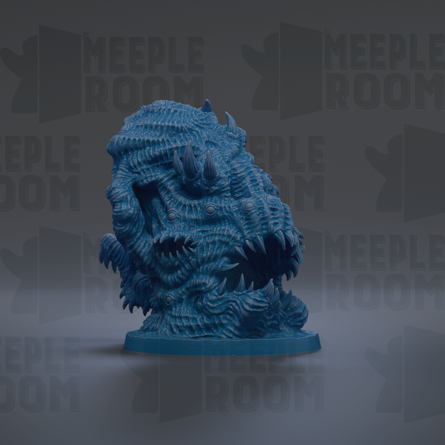 A 3D rendering of a blue, textured creature resembling a monster or parasite, with sharp teeth and claws, set against a dark background with repeated text.